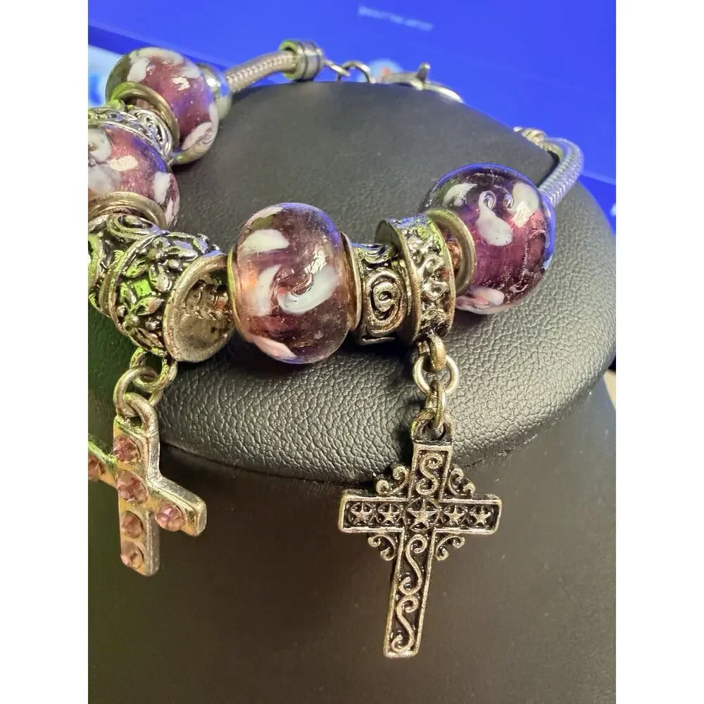 CROSS FAITH DANGLE CHARM BRACELET PURPLE‎ SILVERTONE CHUNKY 8” Y2K
